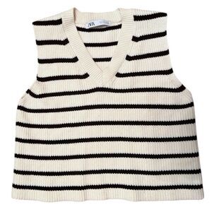 Zara knit black-and-white striped sweater vest size S oversized V-neck preppy